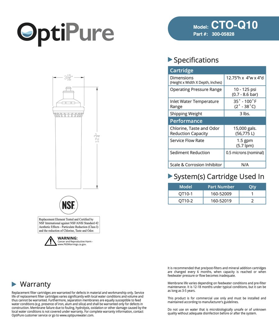 OptiPure - CTO-Q10 (Carbon Water Filter - Small 10" for BWS 100/16 system)